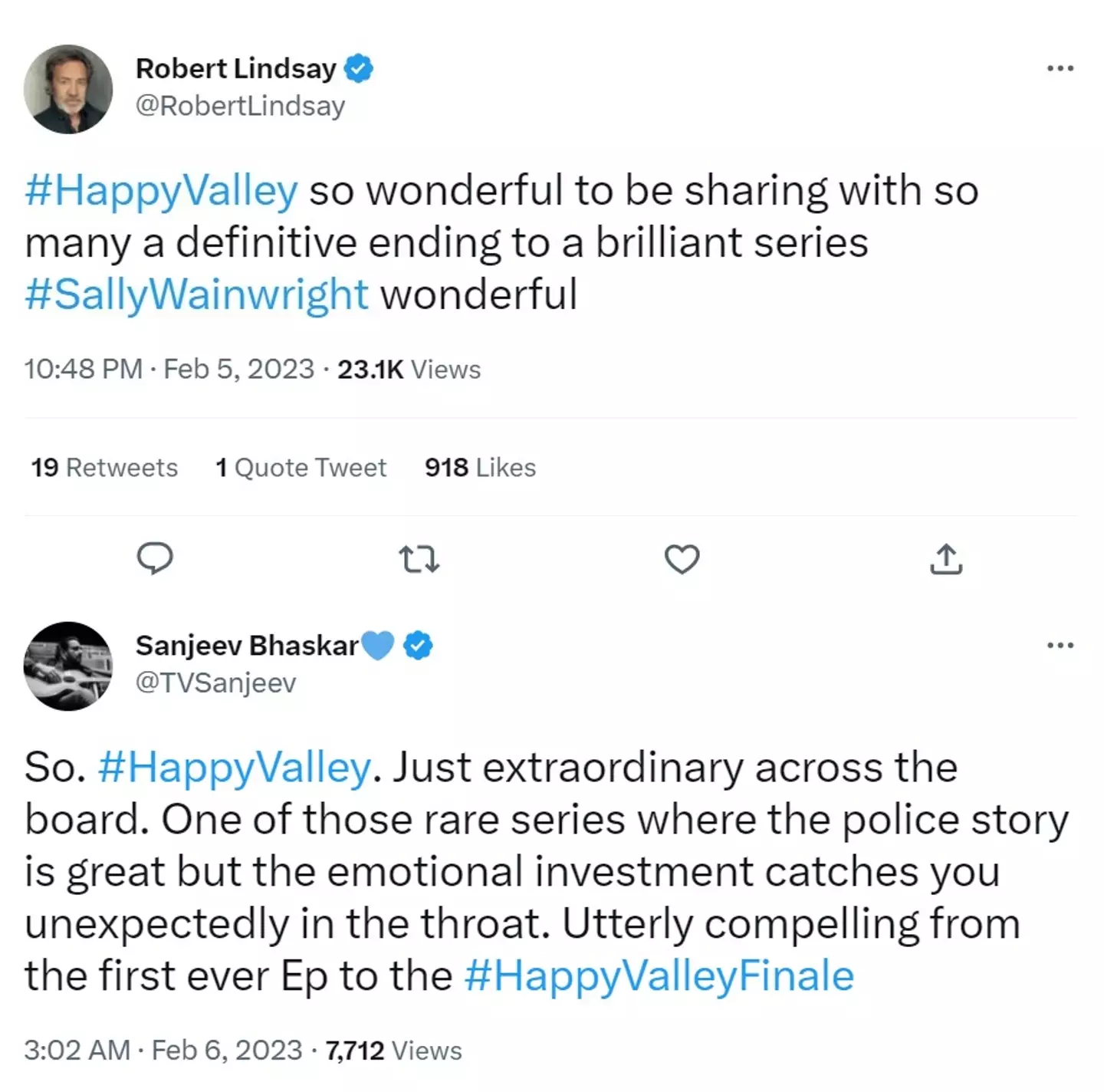 Robert Lindsay and Sanjeev Bhaskar loved the way Happy Valley ended.