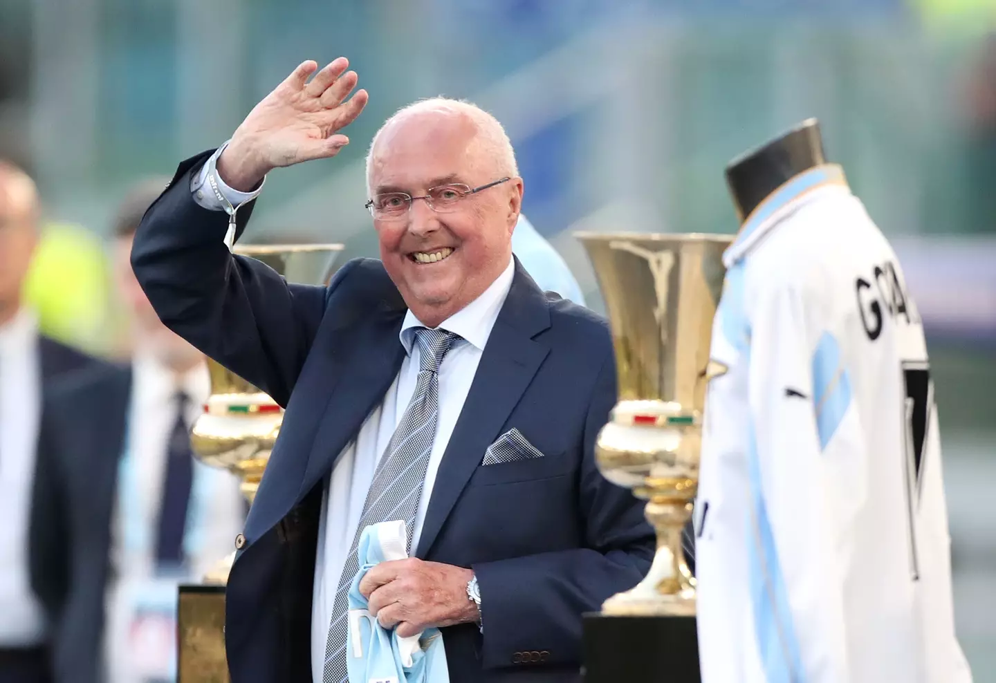 Sven-Goran Eriksson, pictured in May 2024 alongside the trophies he won as Lazio manager. (Paolo Bruno/Getty Images)