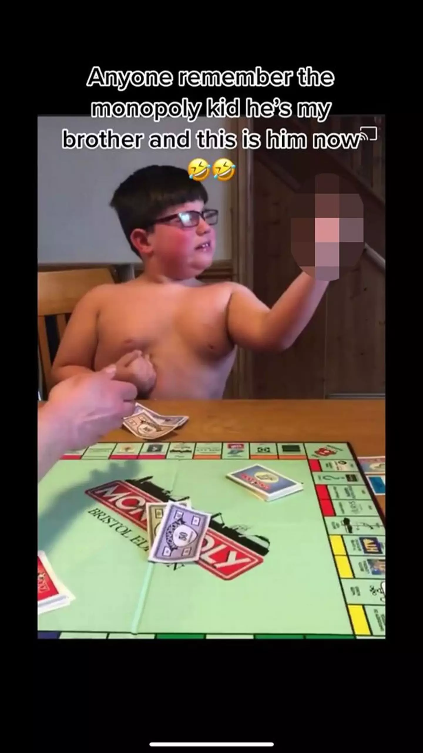 The angry Monopoly kid who went viral for giving his family the middle finger is back.