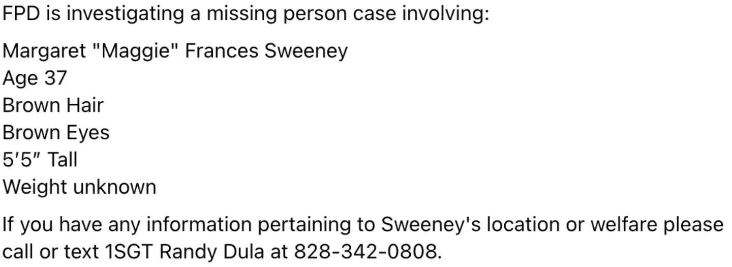 Police put an appeal out for information about Sweeney.