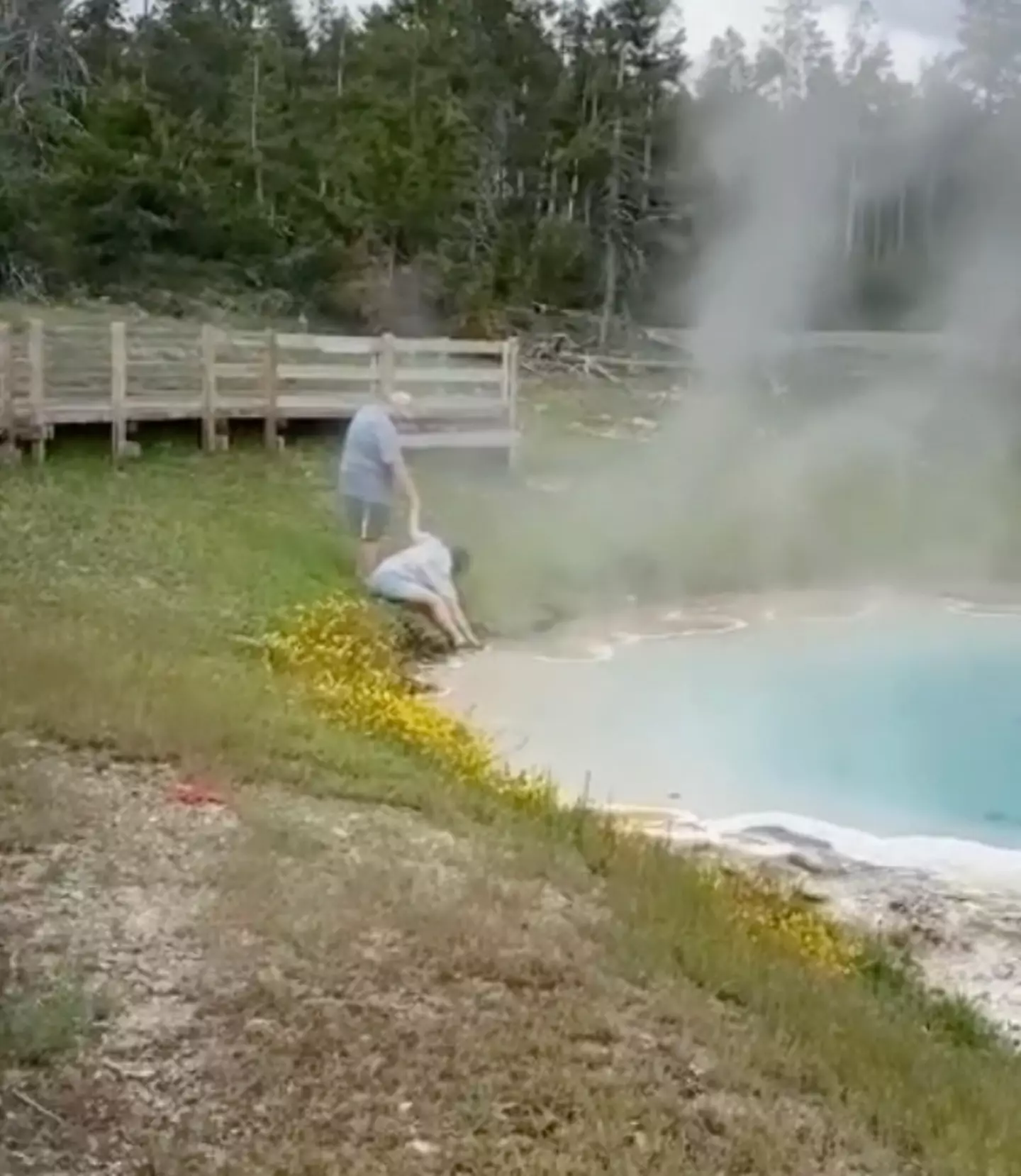 A woman was sen dipping her hand into a hot spring at Yellowstone National Park.