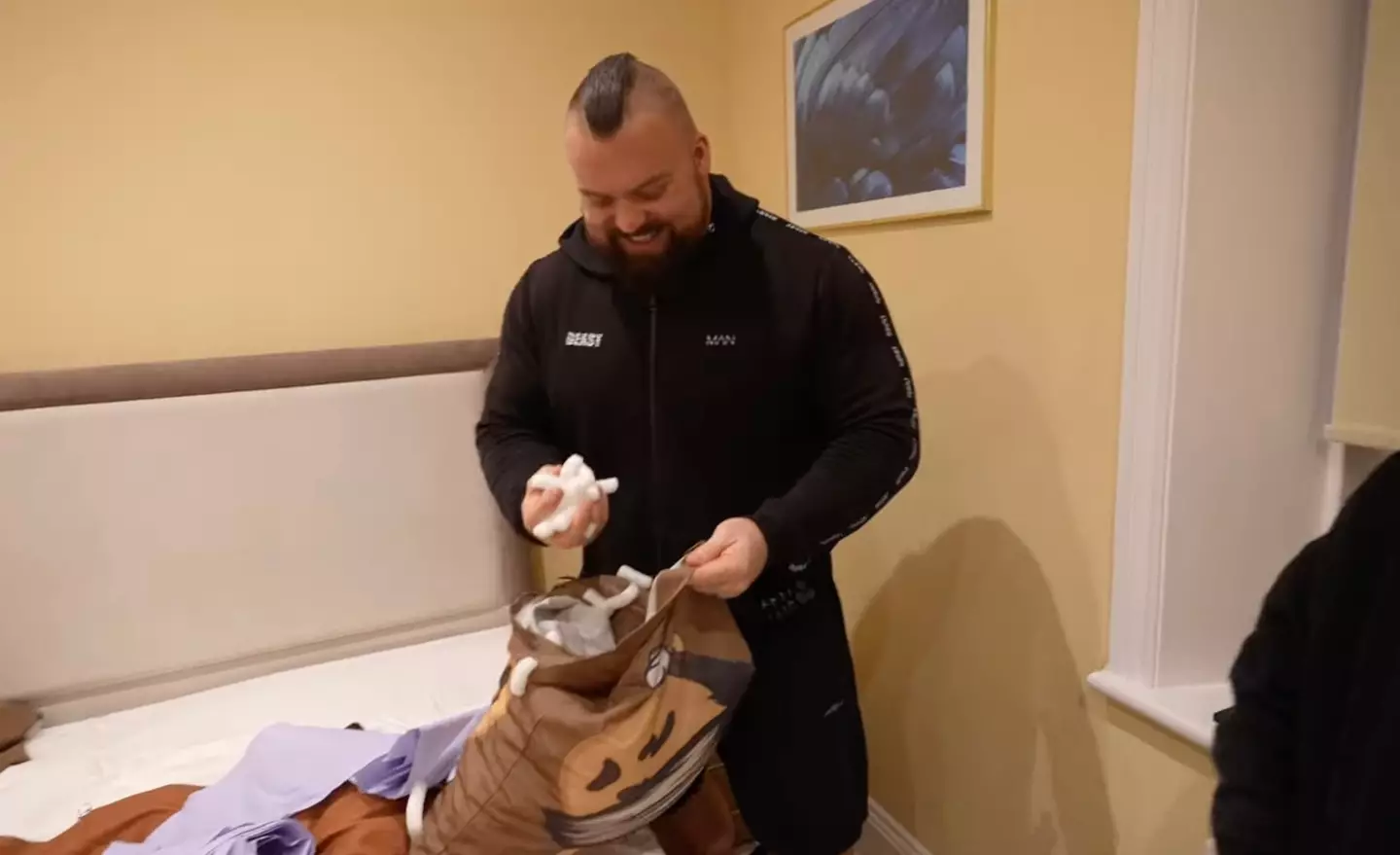The former World's Strongest man found his pillows were filled with styrofoam and tissues.