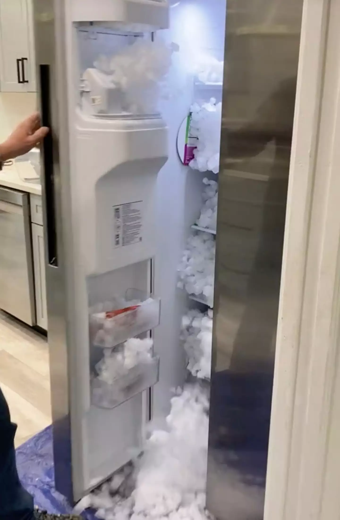 An avalanche of ice cubes spilled onto the couple's kitchen floor.