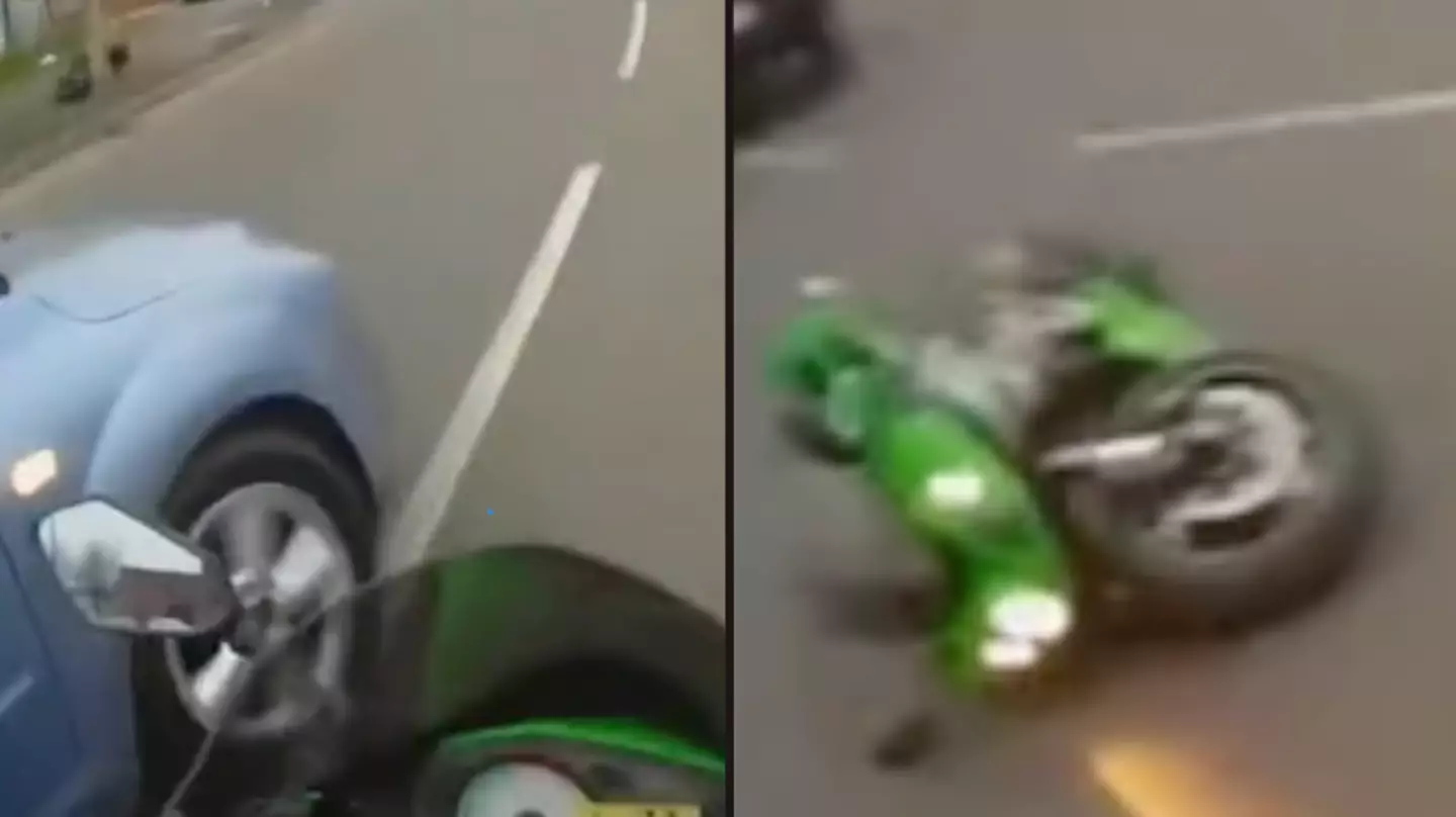 Motorcyclist praised for reaction to being hit by driver on roundabout