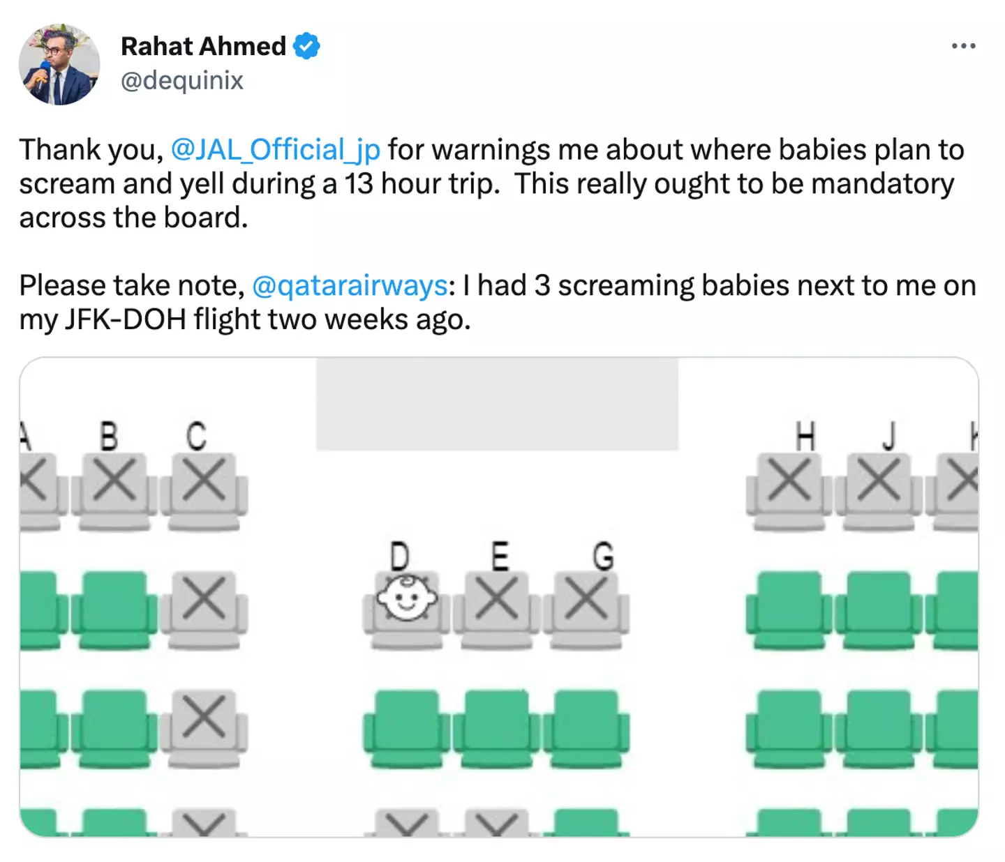 Japan Airlines gives customer's warning about where babies will be seated.