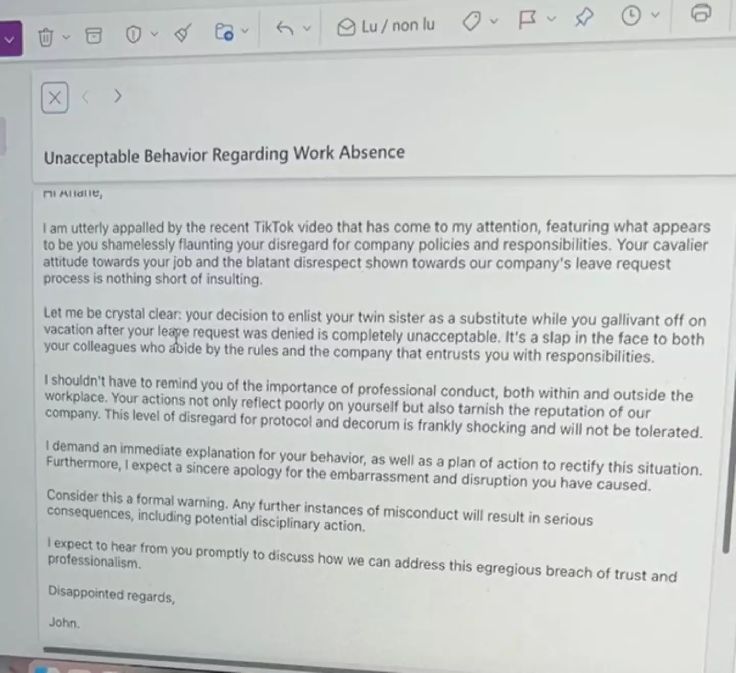 Is it real? Dunno, but 'disappointed regards' is a good way to sign off an email. (TikTok/@chance_twins)