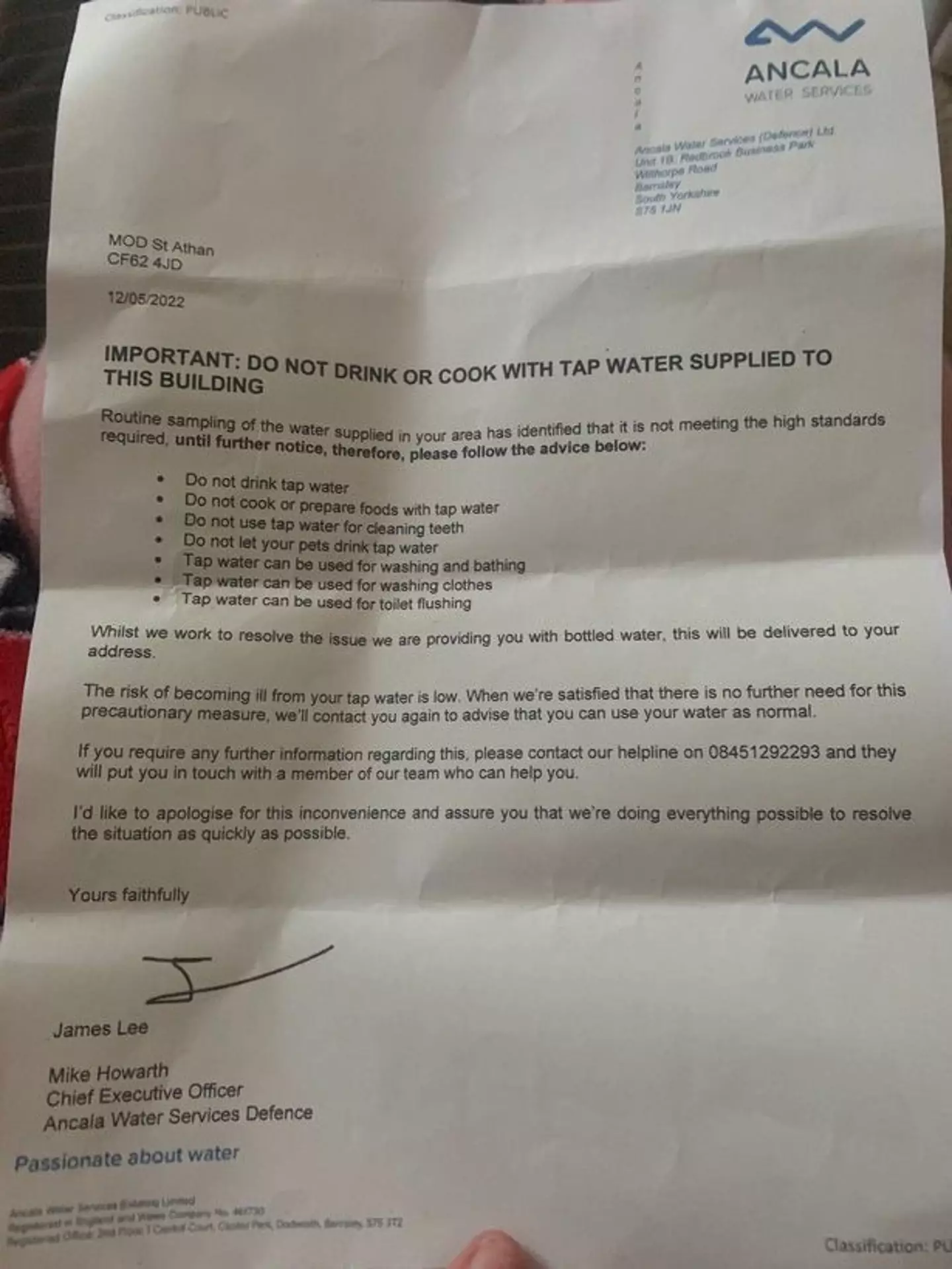 The letter issued to residents outlining what they can and can't do with their tap water.