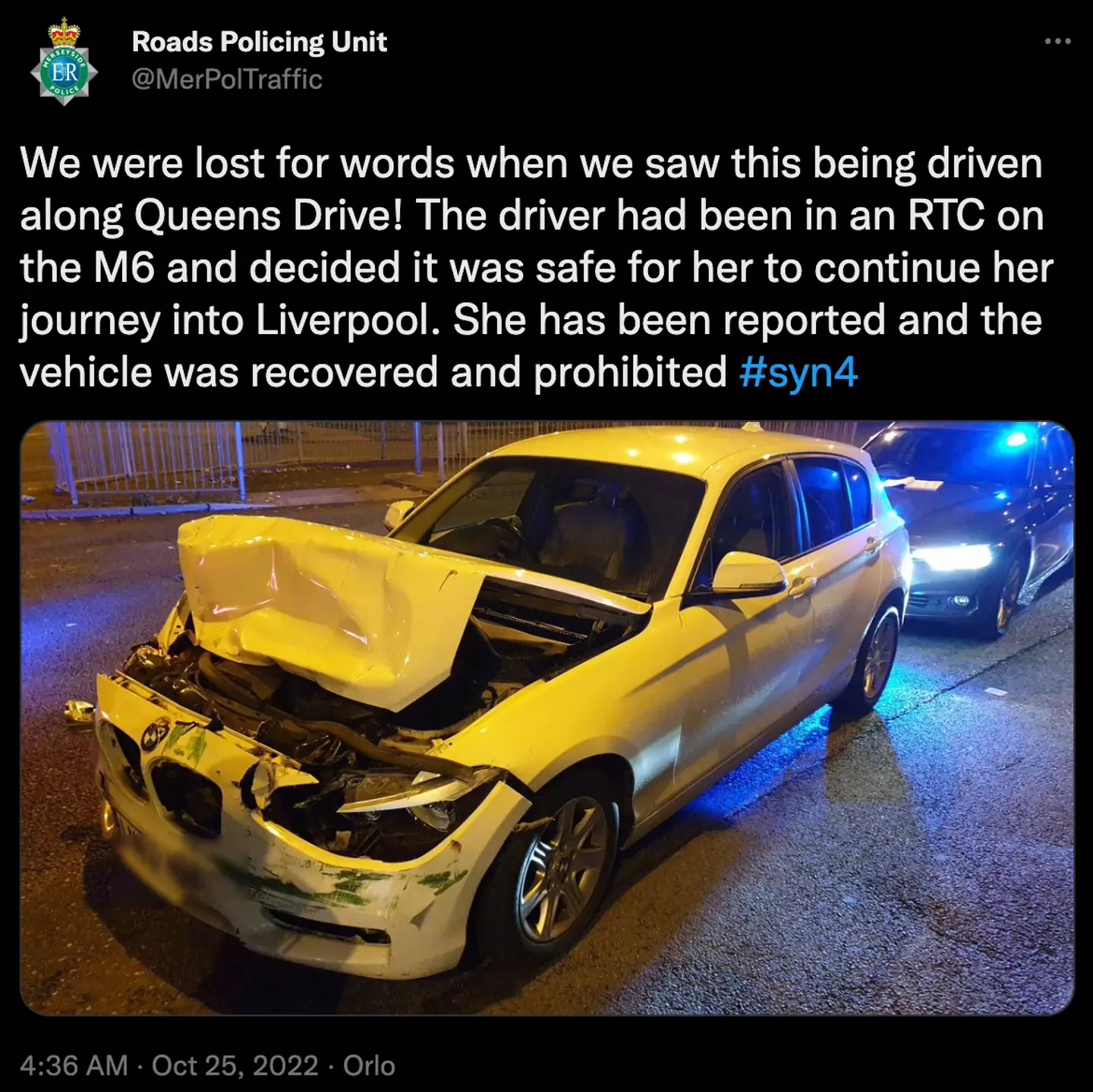 Merseyside Police's Roads Policing Unit took to Instagram to share an image of the damaged vehicle.