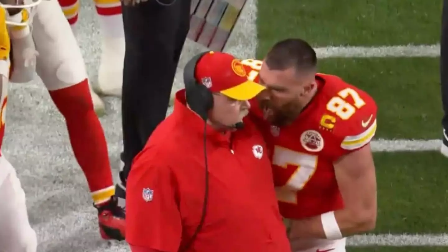 Travis Kelce raced over to his coach and let rip during the Super Bowl.