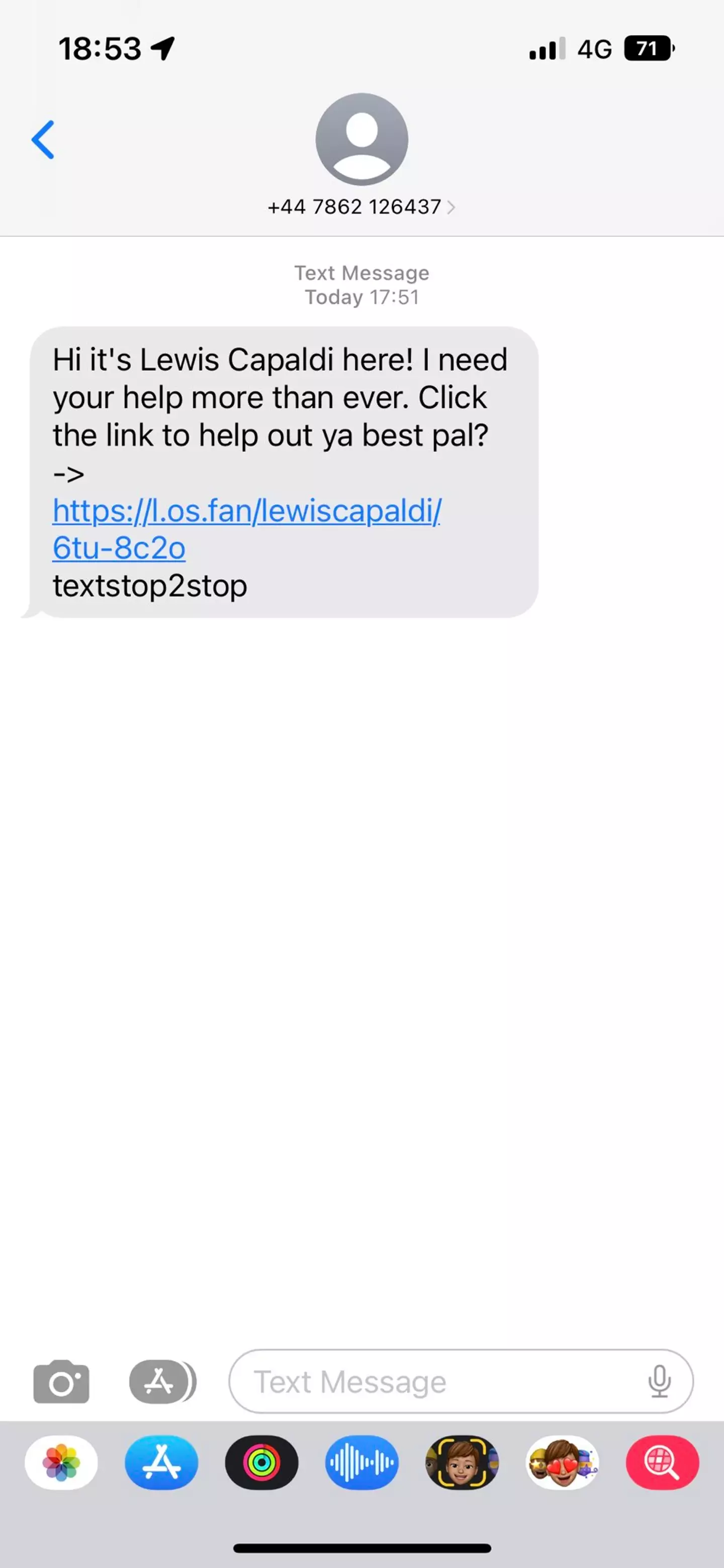 This is the message that is being sent to fans from Lewis's phone number.