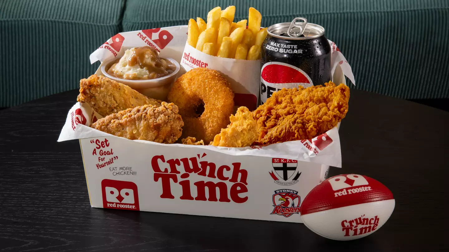 Score some cheesy garlic bites and a free mini footy with Red Rooster's stacked limited-edition box