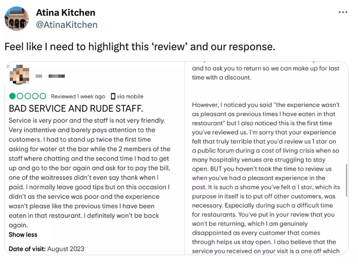The restaurant took to social media to share the review and their response.