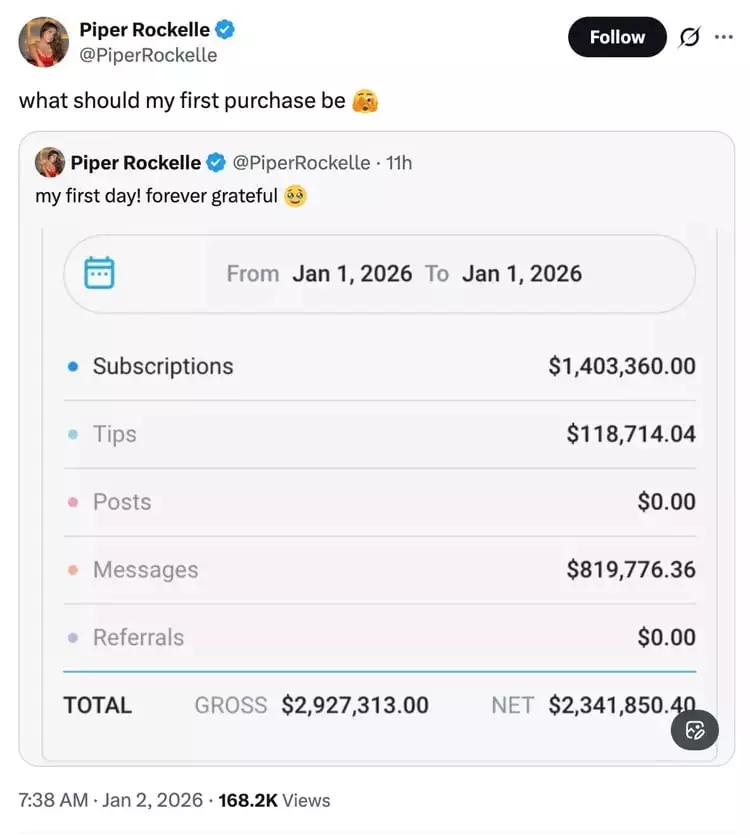 She claimed she'd made a couple of million dollars on her first day (@piperrockelle/X)