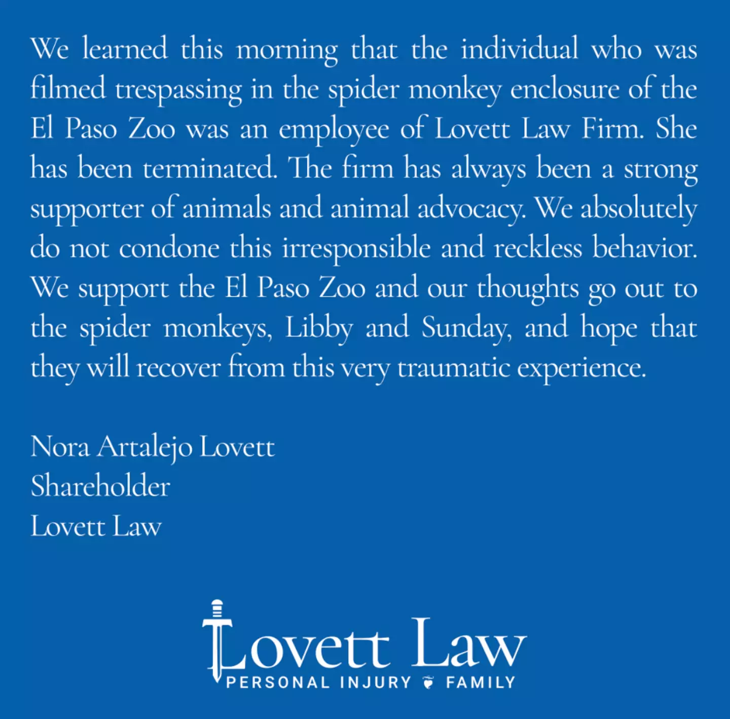 Lucy Rae was let go from her job at Lovett Law Firm as a result of the incident.
