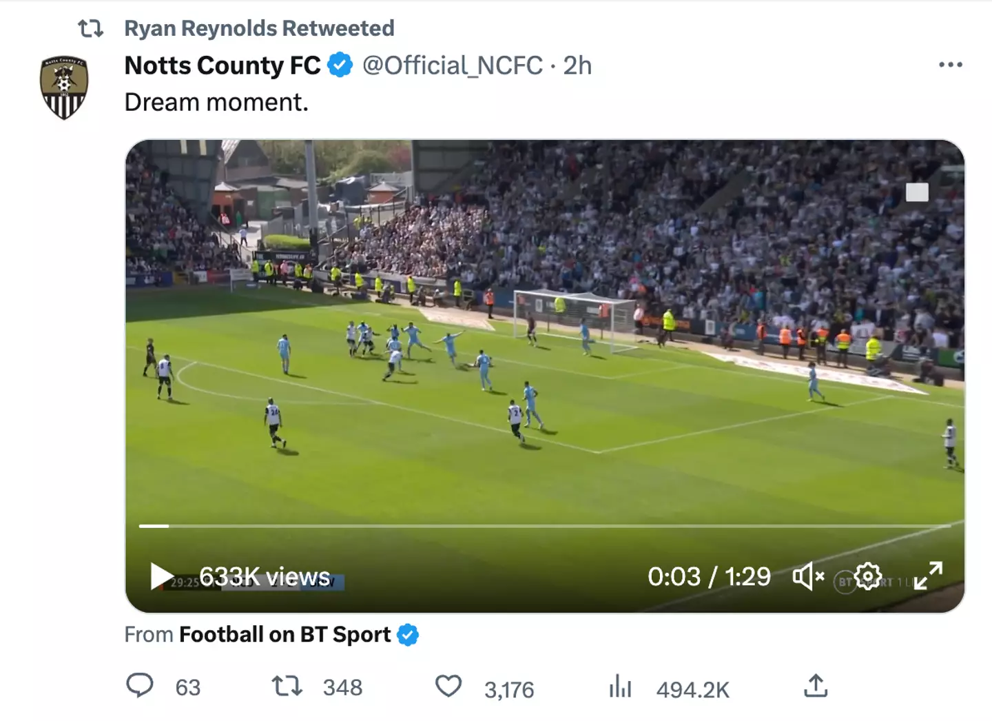 Reynolds retweeted a clip of Jodi Jones' winning goal.