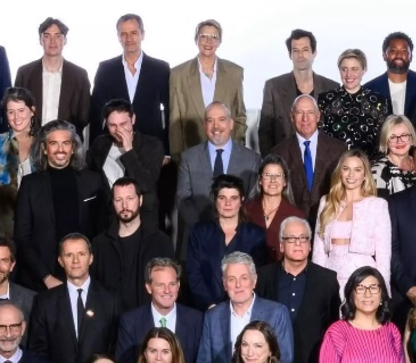 Anatomy of a Fall and Barbie directors Arthur Harai and Greta Gerwig appeared unable to keep a straight face for the photo.