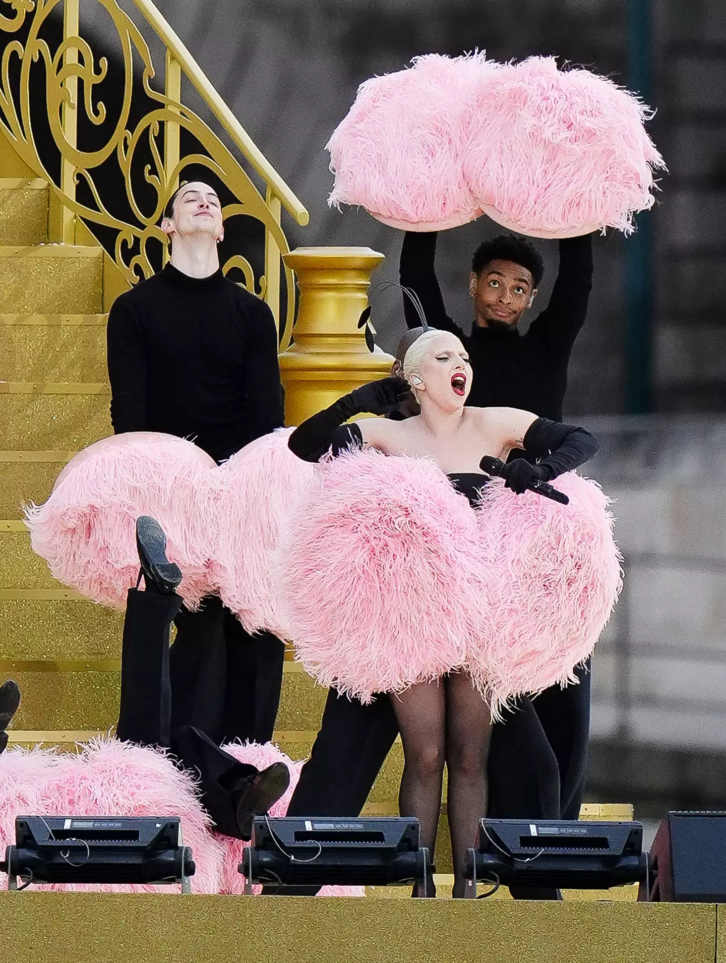 Lady Gaga rehearsing along the Seine. (PA)