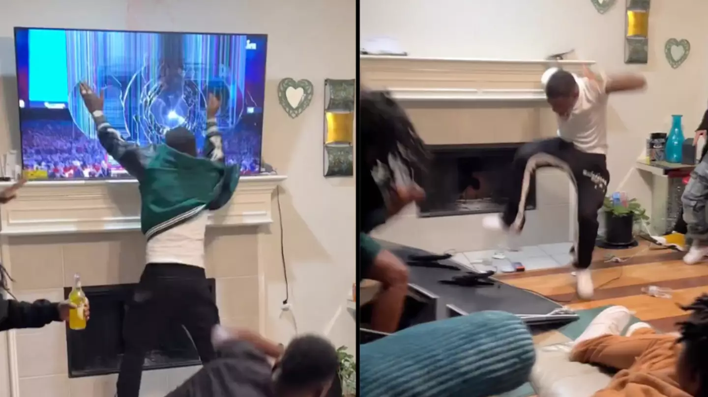 Raging NFL fan breaks huge TV after Philadelphia Eagles lose at the Super Bowl