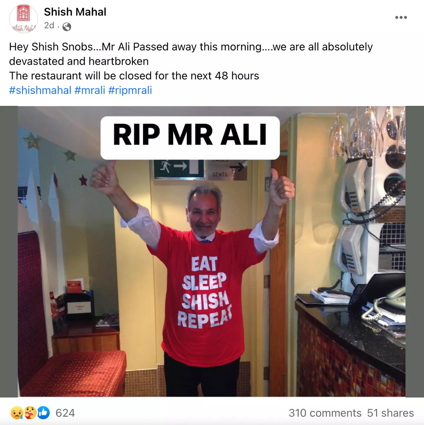His restaurant confirmed the news on social media.