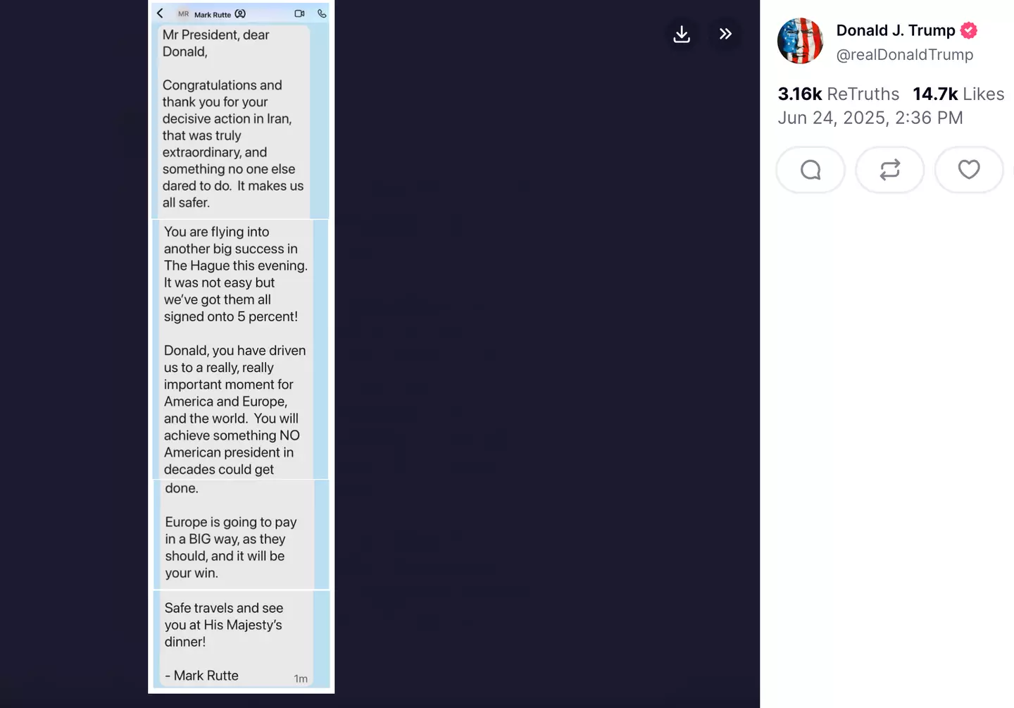 The message was shared on Truth Social (Truth Social/realdonaldtrump)