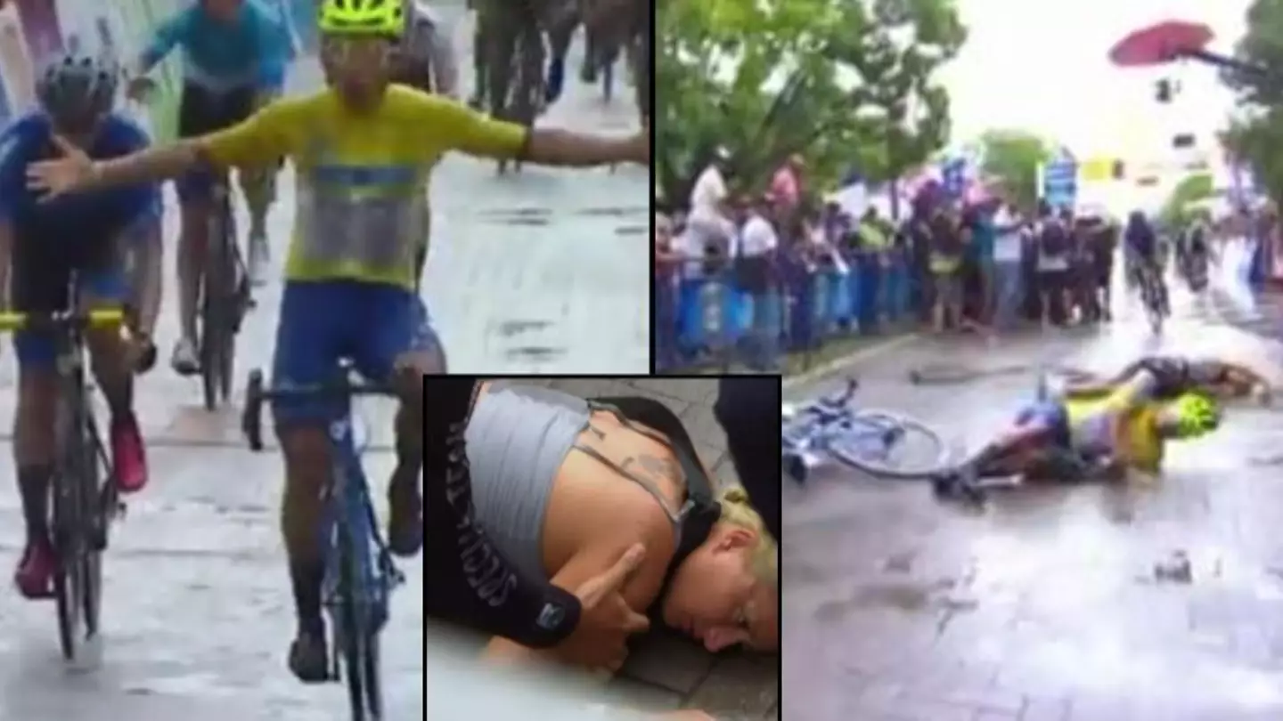 Professional Cyclist Smashes Into Wife At Race As He Reaches Finishing Line