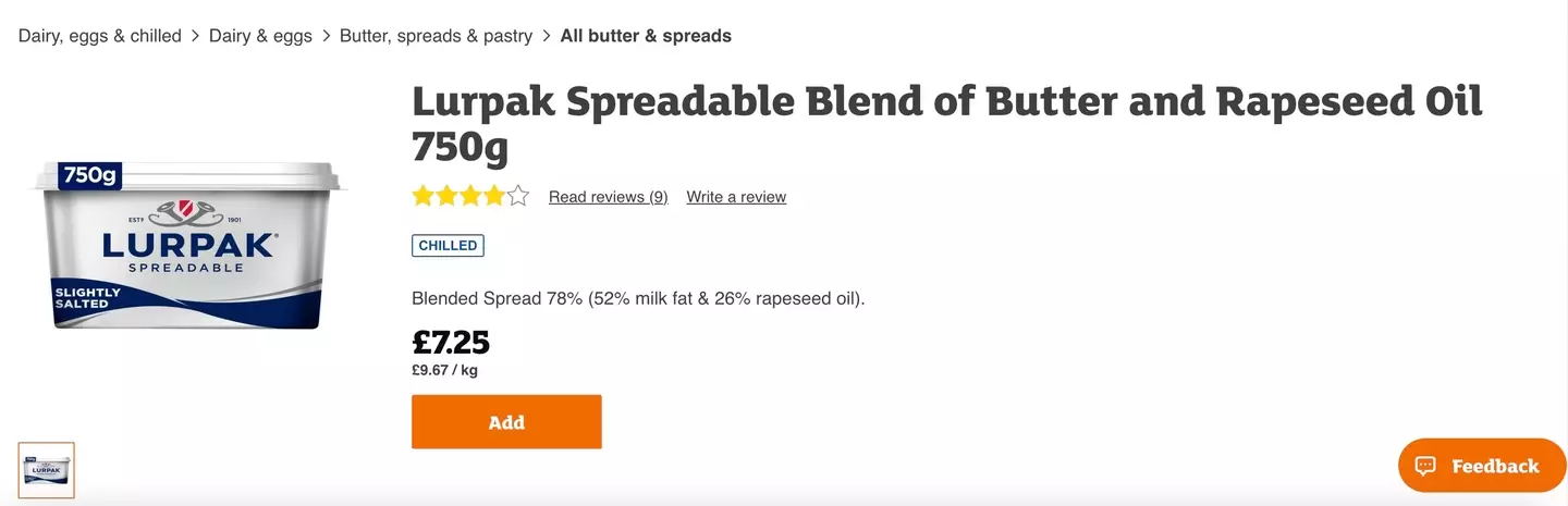 It was discovered that a 750g tub of Lurpak currently costs £7.25 at Sainsbury's.