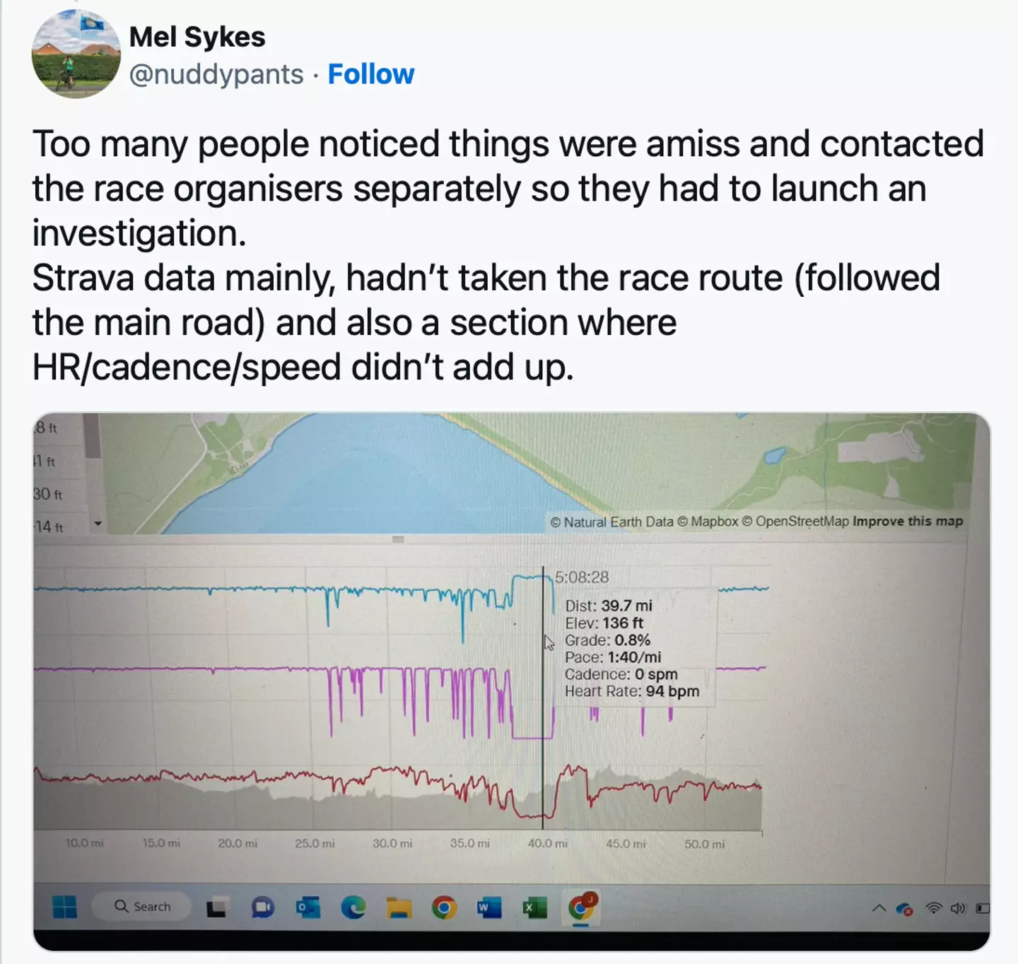 Ultra runner Mel Sykes shared the dubious data on Twitter.
