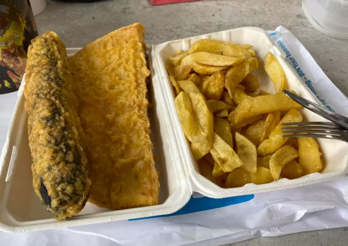 The order contained crunch pizza, black pudding and chips.