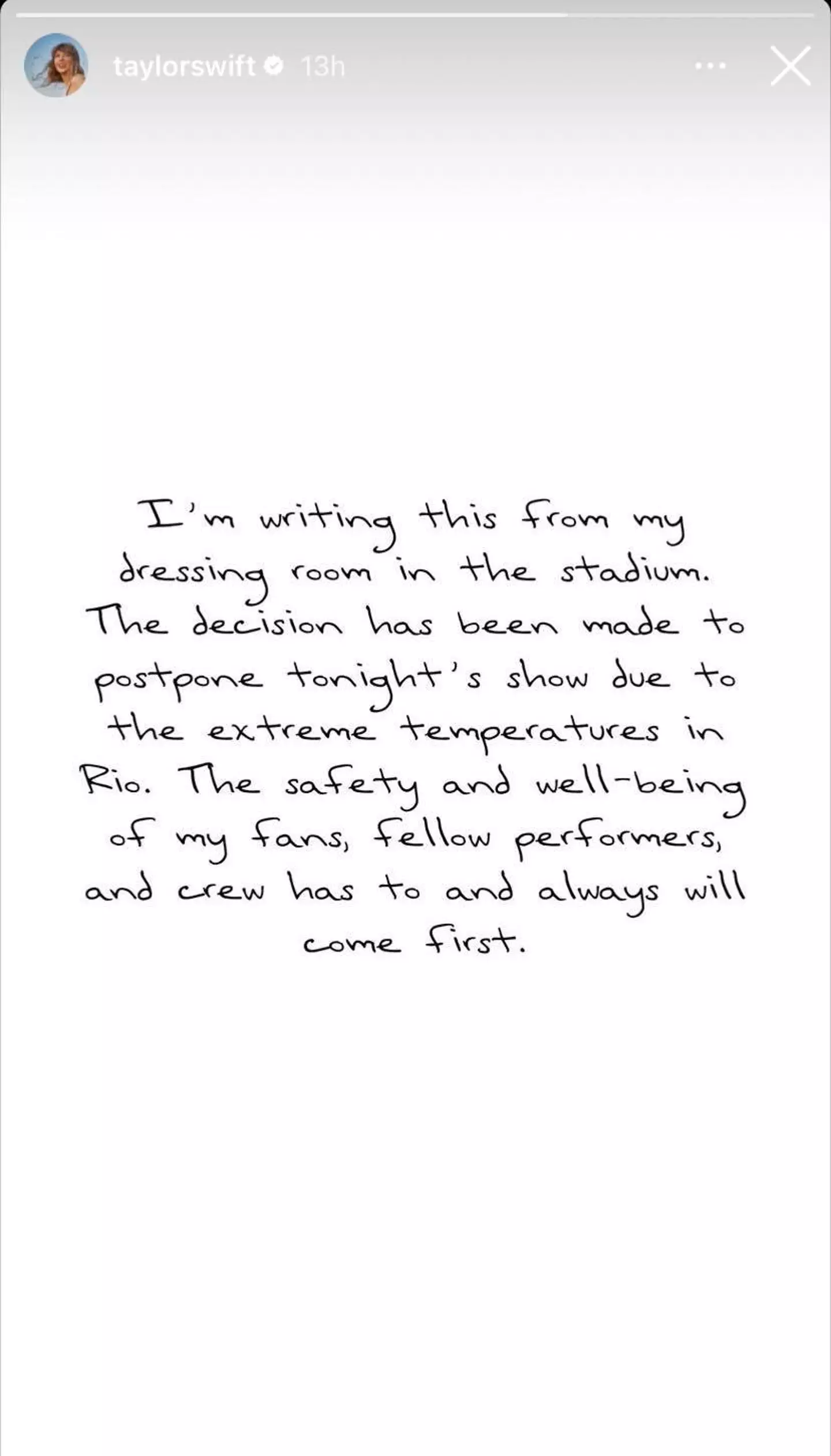 Taylor Swift explained that the concert had been postponed.