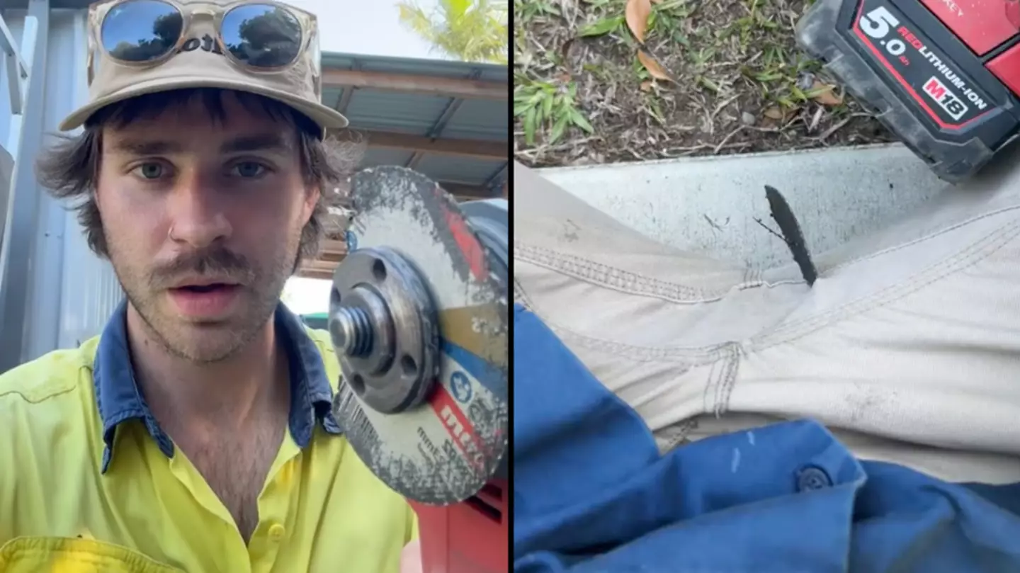 Tradie nearly loses his manhood after angle grinder breaks loose and hits his pants