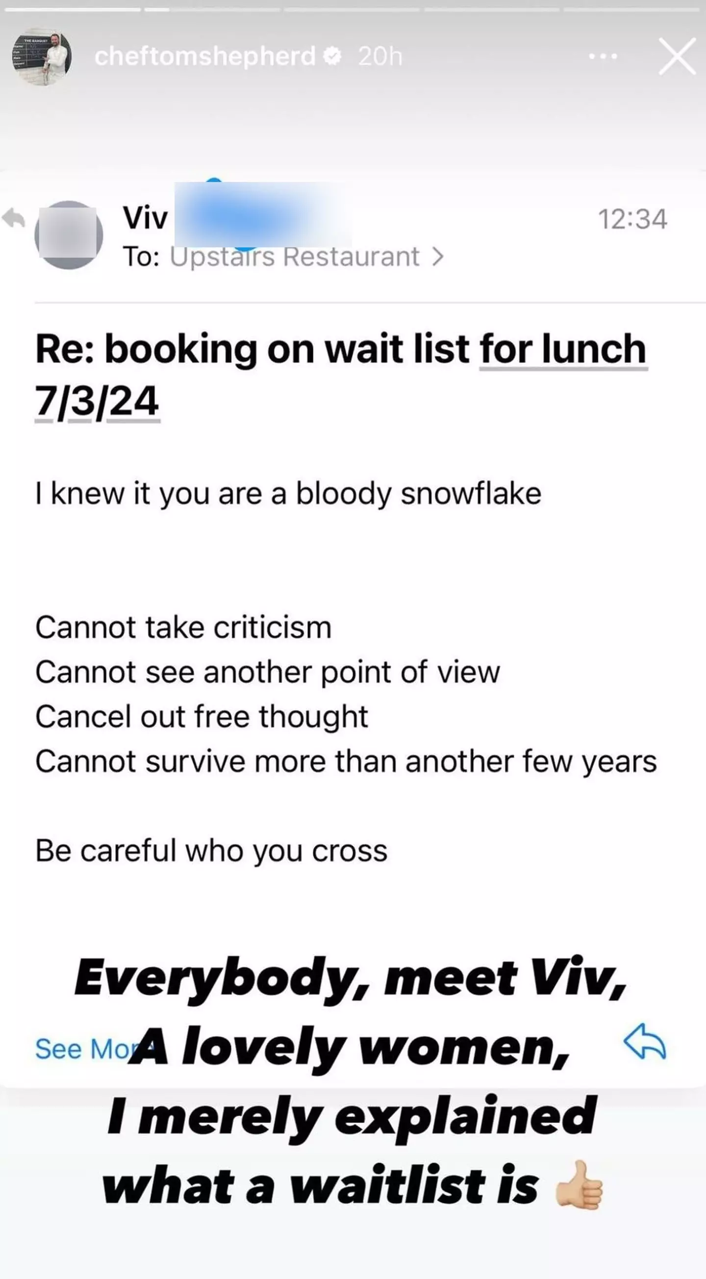 'Viv' sent an angry email to the chef over his restaurant's wait times.