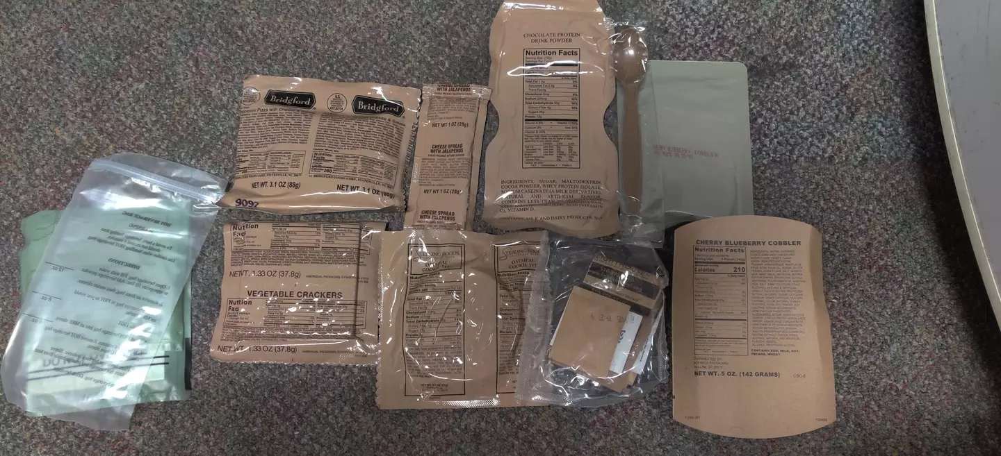 The contents of an MRE laid out.