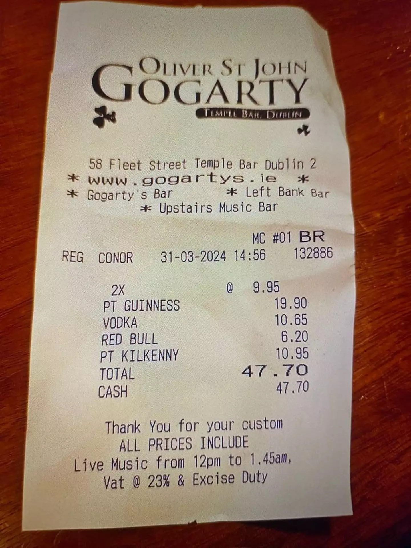 The politician shared the pub receipt.