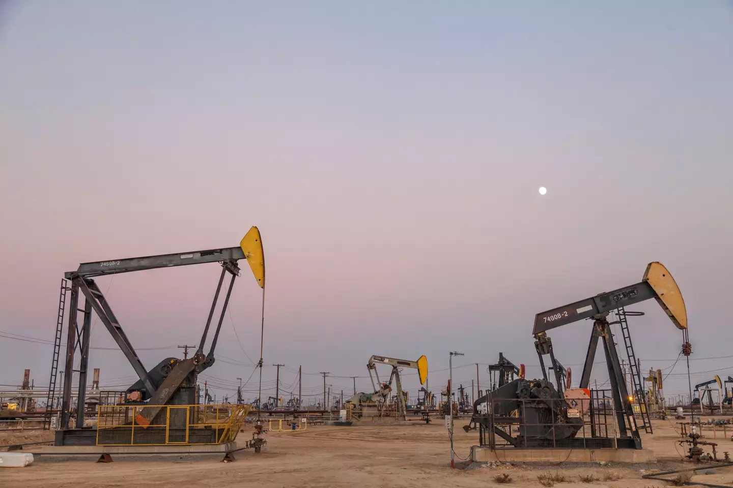 Pumpjacks at an oil field and hydraulic fracking site.