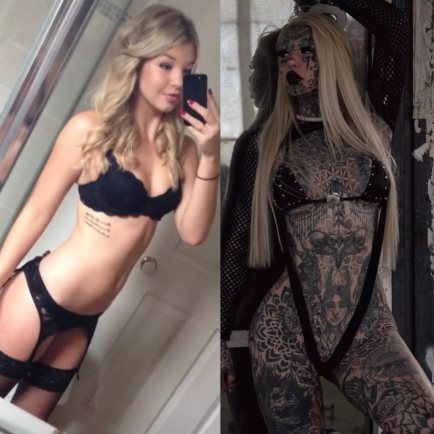 A side-by-side of Amber before and after the tattoos (Instagram/@amberluke666)