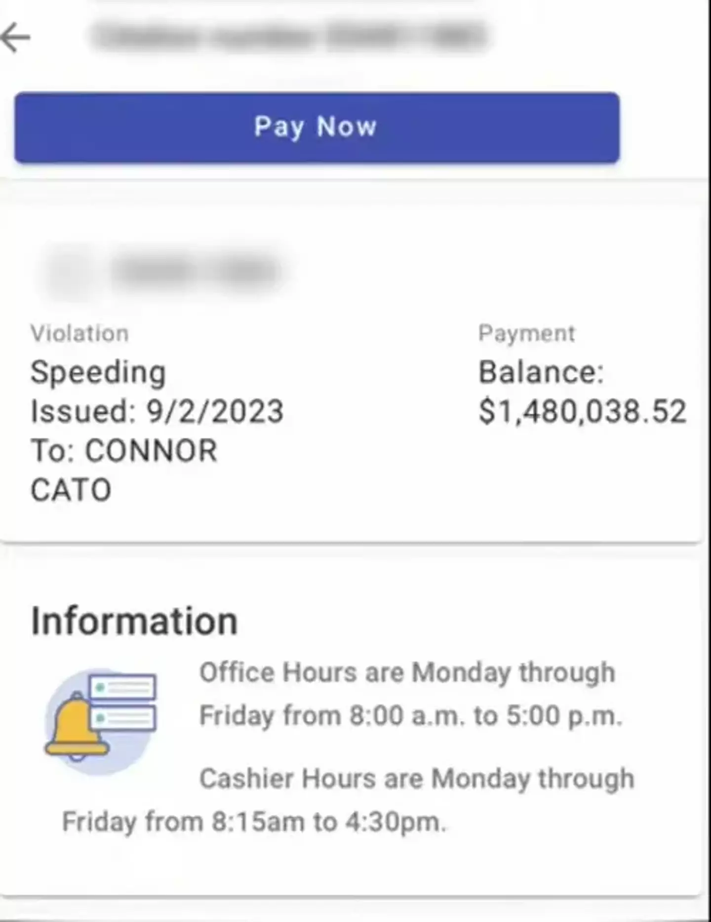 Connor Cato queried the ticket amount, but was told it wasn't a mistake.