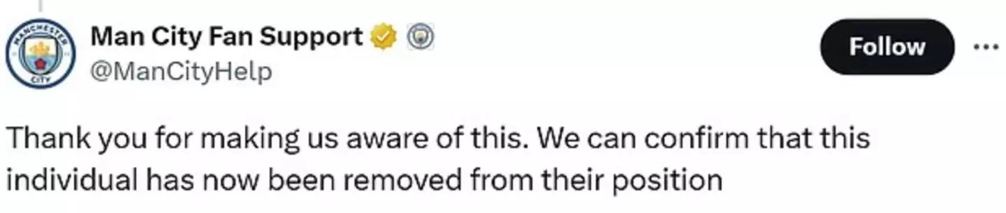 The Man City support account explained he had been removed from the position (X/@Mataniels)