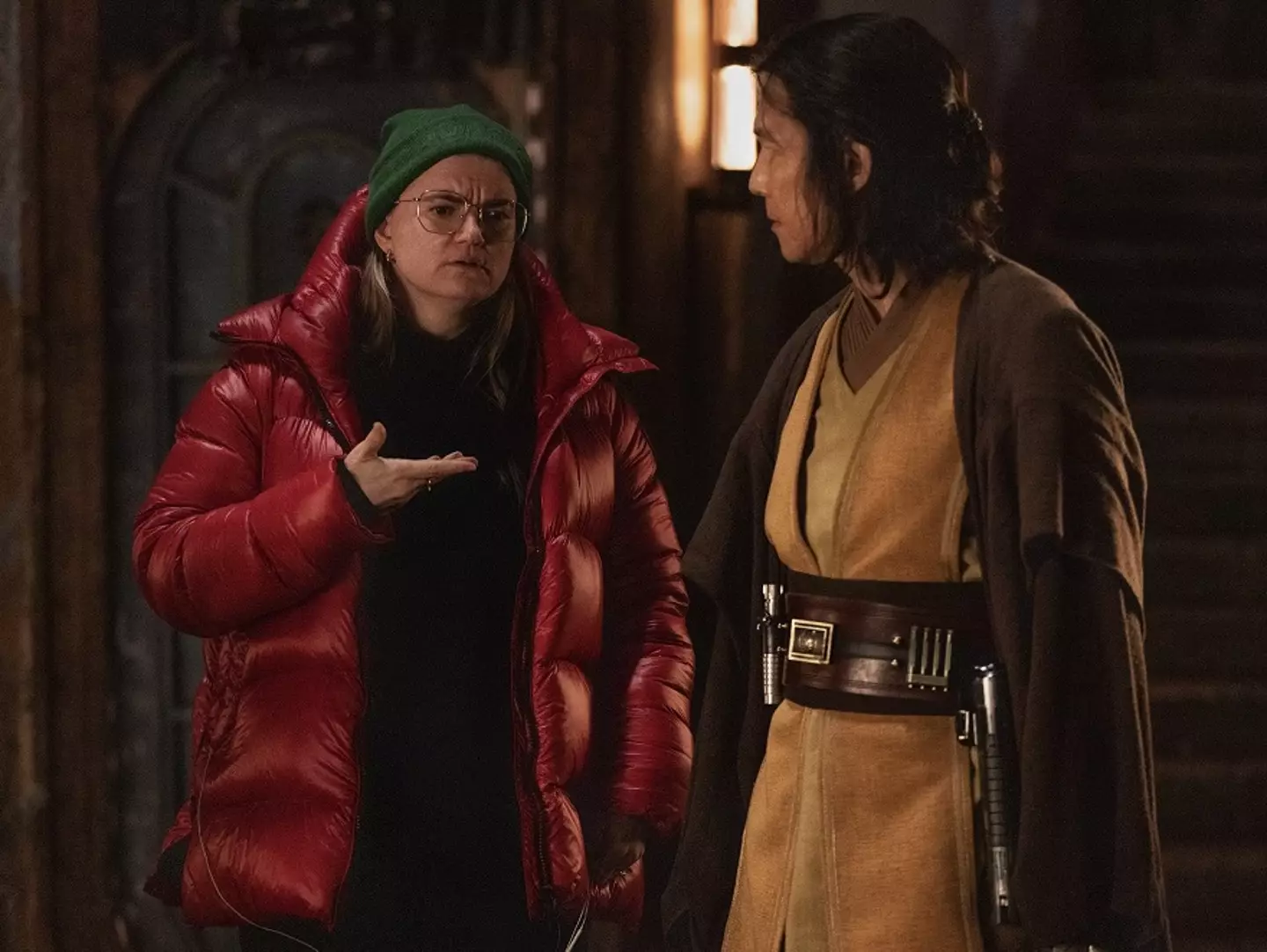 The Acolyte creator Leslye Headland and Lee Jung-jae on set. (Disney)