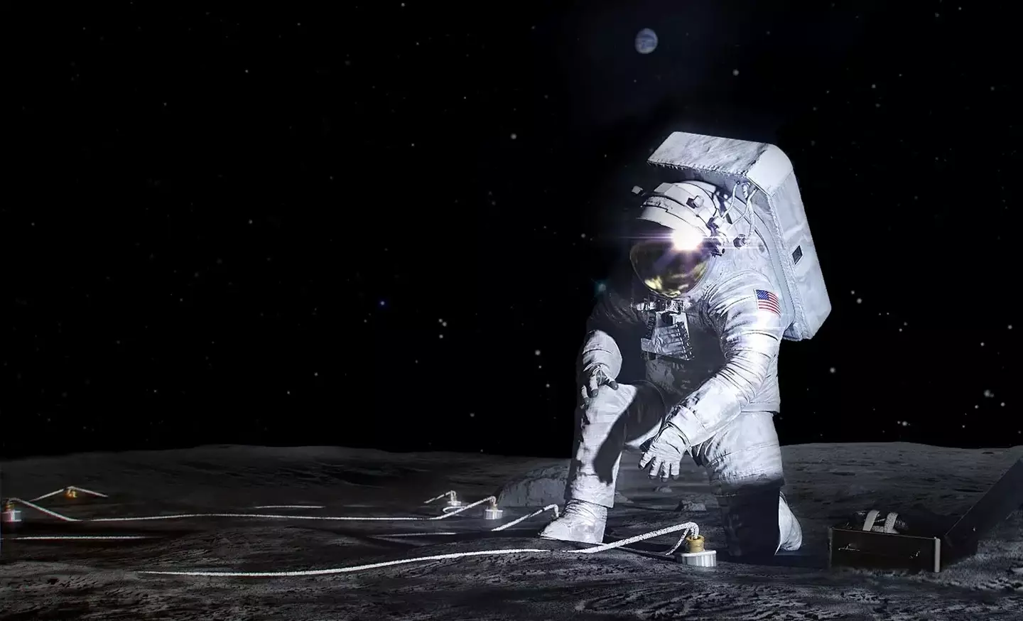 Artist’s concept of an Artemis astronaut deploying an instrument on the lunar surface.