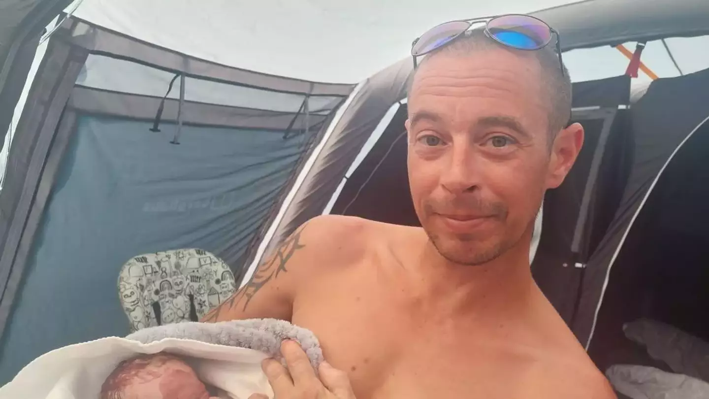 Mum unexpectedly gave birth while camping after she thought it was something completely different 3 Stunned dad Stuart helped deliver their daughter in their tent (Kennedy News and Media)