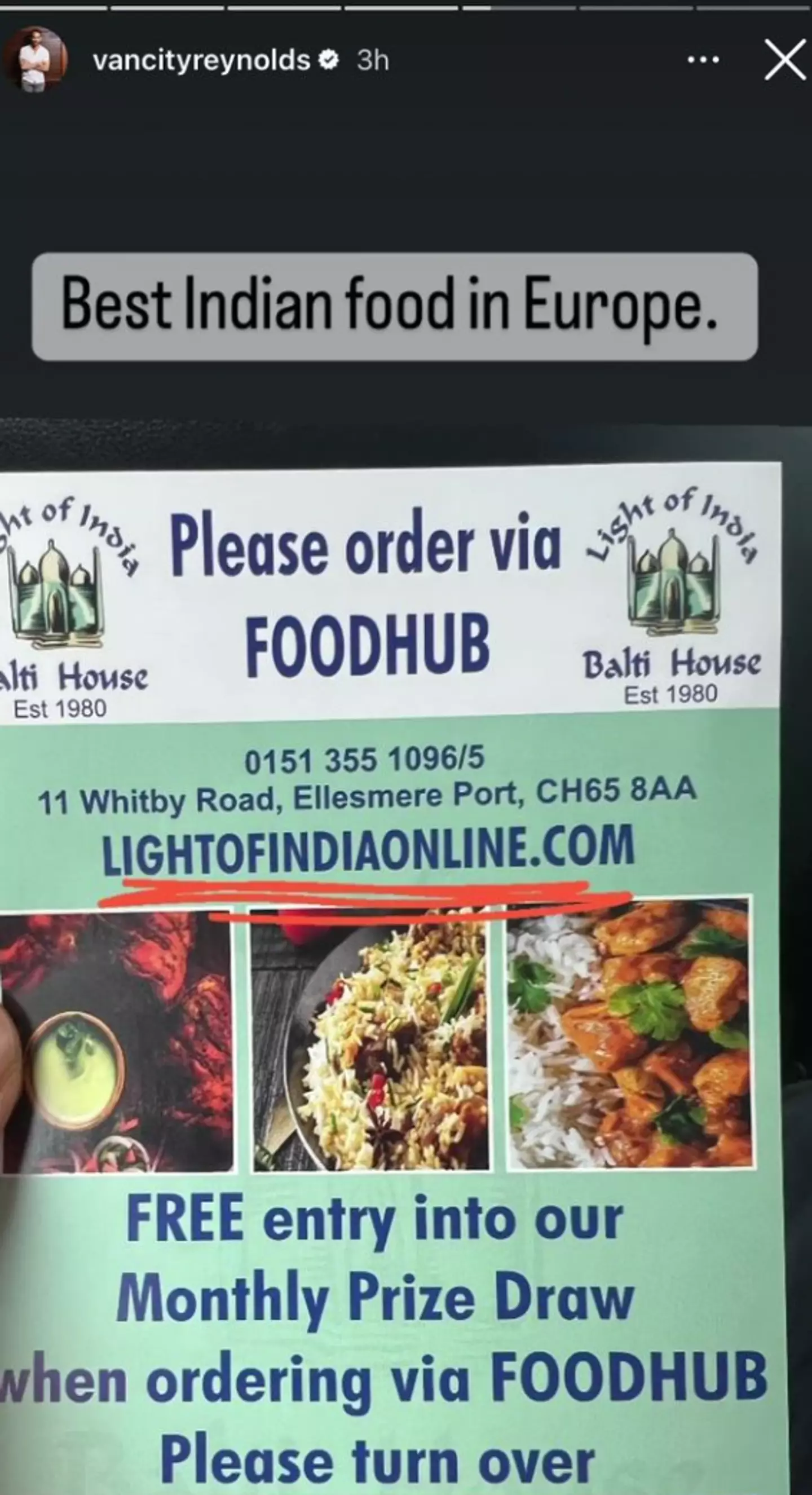 Reynolds shared a photo of the takeaway’s menu with his 44 million followers.