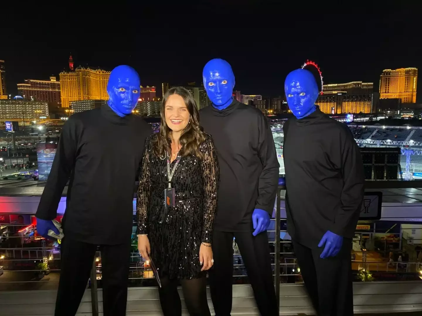 Known as the Blue Man Group, the trio were randomly seen stepping in behind the presenter and her co-host Will Buxton.