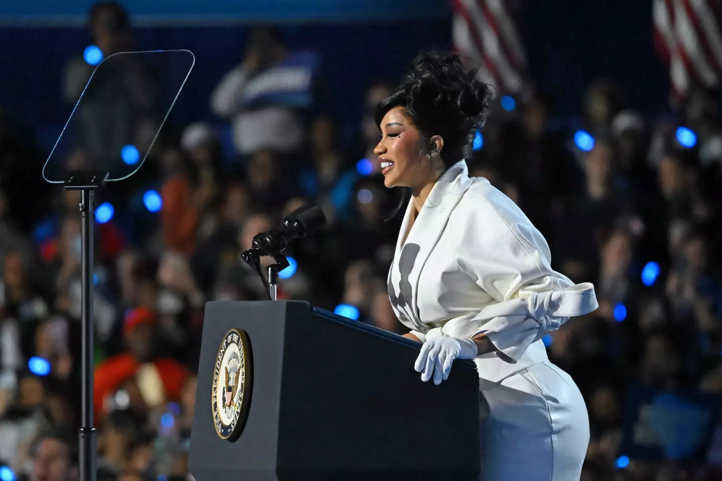 The rapper, 32, showed her support for Kamala Harris at a rally in Wisconsin last week (ALEX WROBLEWSKI/AFP via Getty Images)