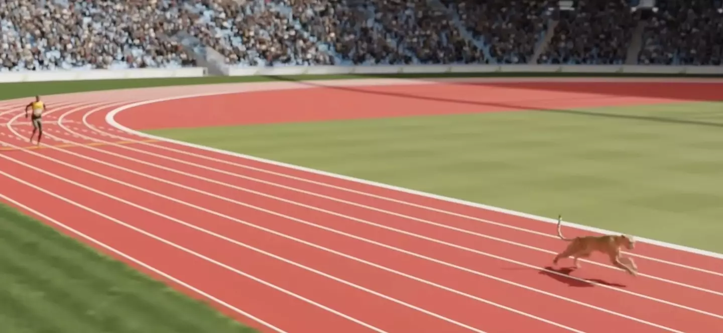 The cheetah triumphed over the world's fastest man in the 'epic' simulation (YouTube/Global Data)