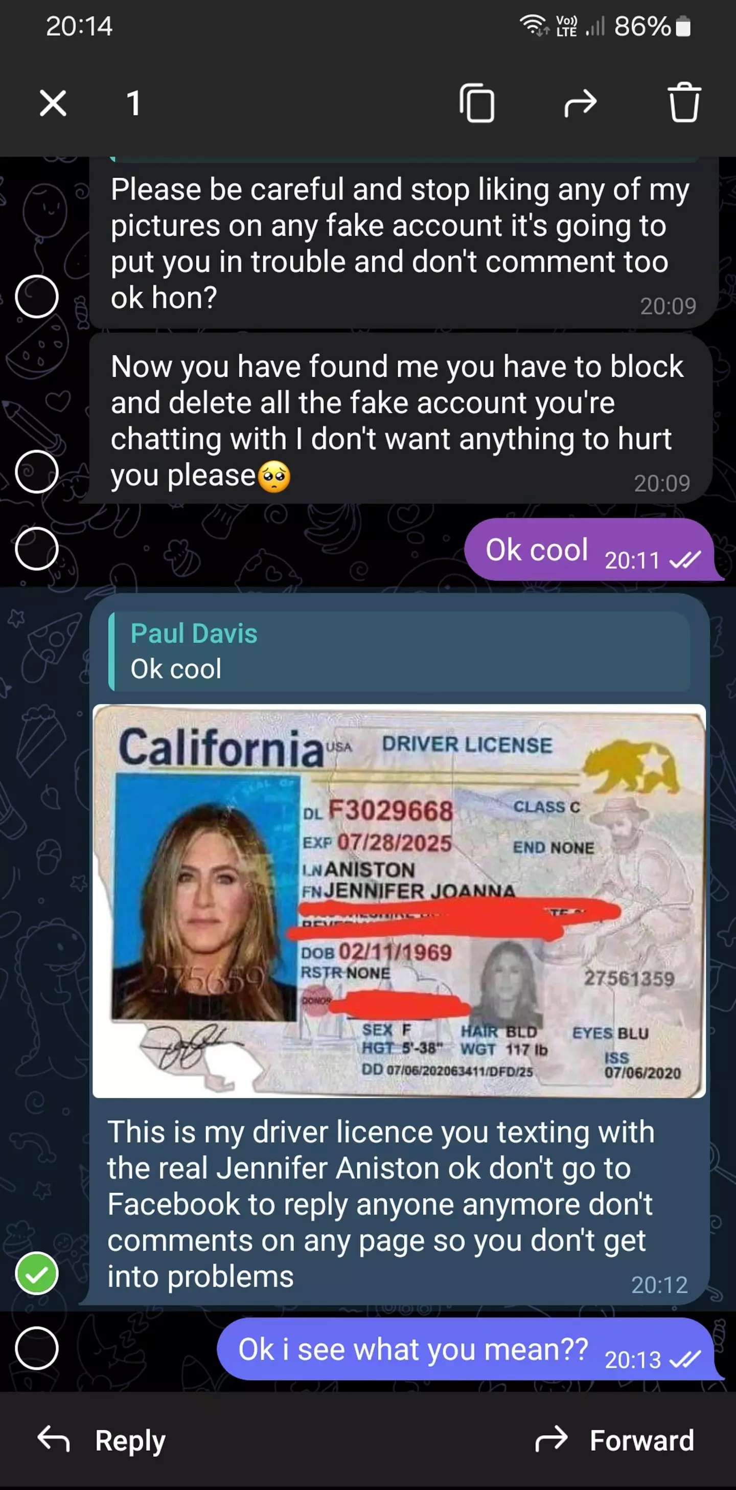 Fraudsters even sent over a fake copy of the Friends star's driving license (Solent News)