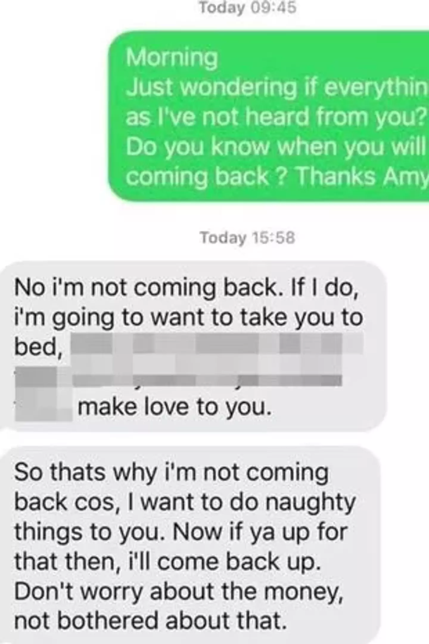 Here's the text that was sent to the poor woman.