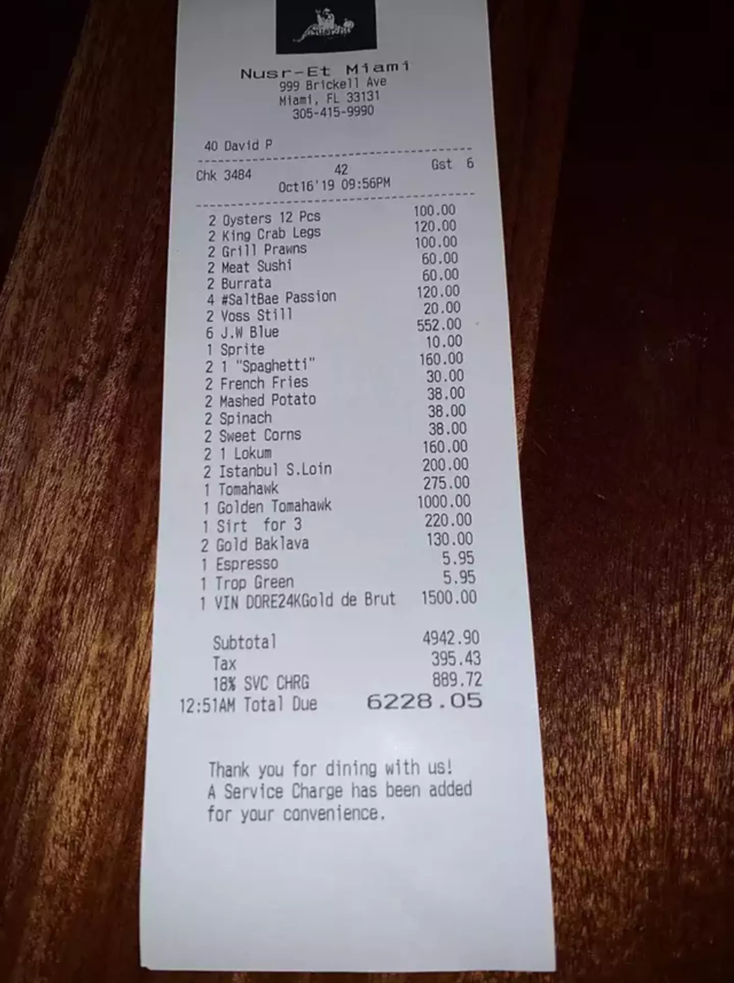 The food blogger shared a snap of the bill online.