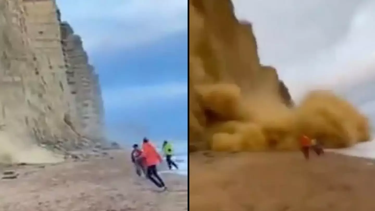 Beach-goers run for their lives as cliff collapses on UK coast
