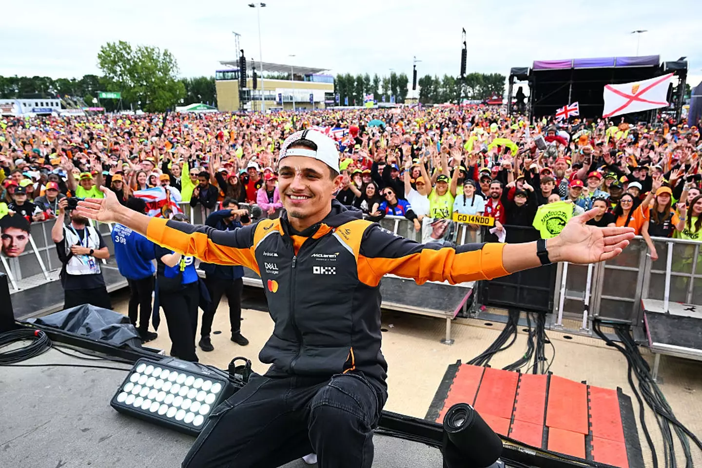 Race winner Lando Norris on the fan stage after the F1 Grand Prix of Great Britain at Silverstone Circuit (Mark Sutton/Formula 1/Getty Images)
