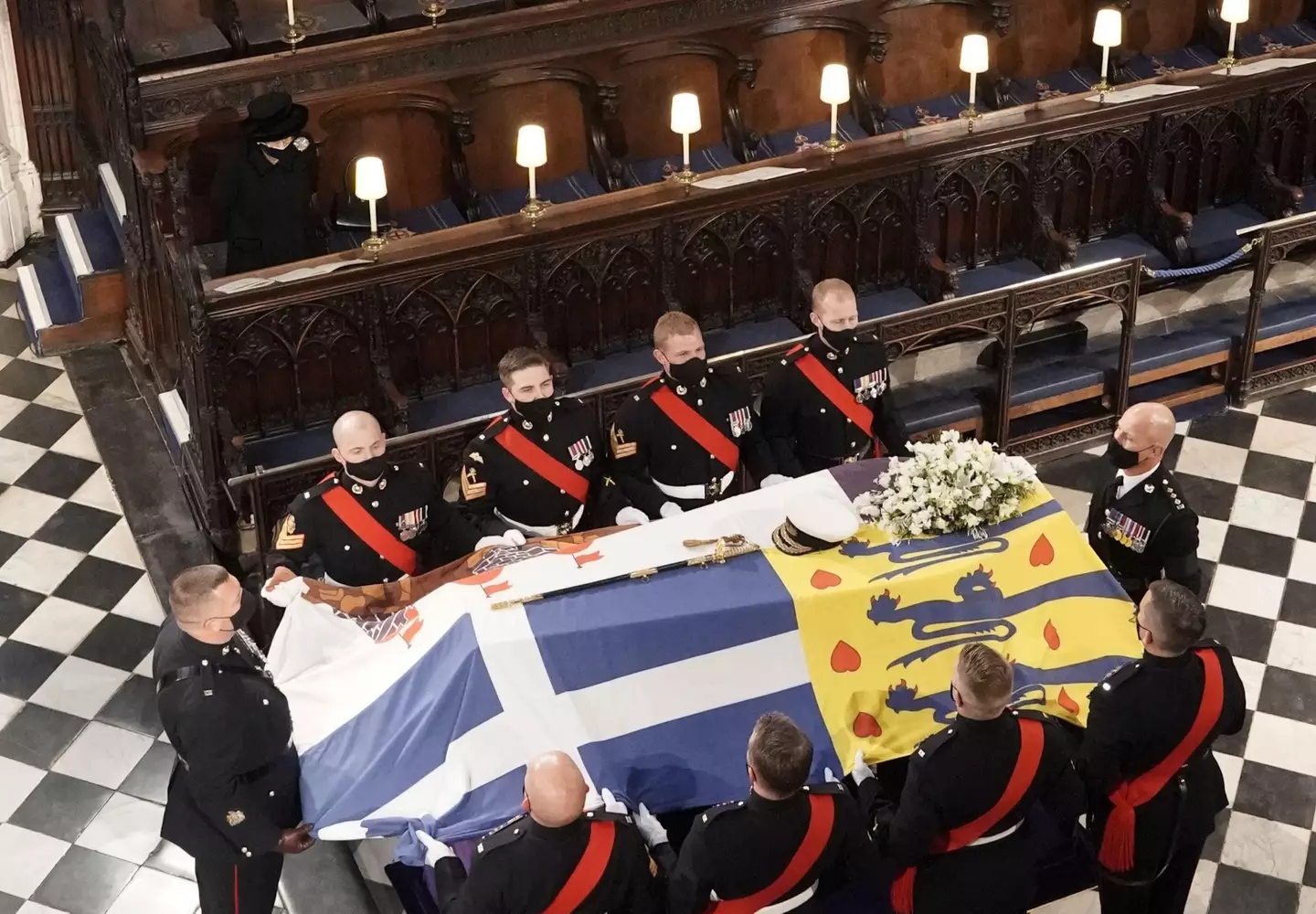 The coffin of the Duke of Edinburgh during his funeral service at St George's Chapel, Windsor Castle.